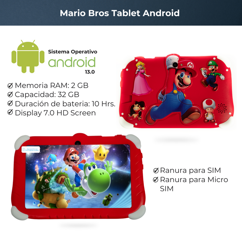 Tablet 7 Pulgadas LoQuiero Mario Bros HD Android 32 GB - 2 GB RAM Roja
