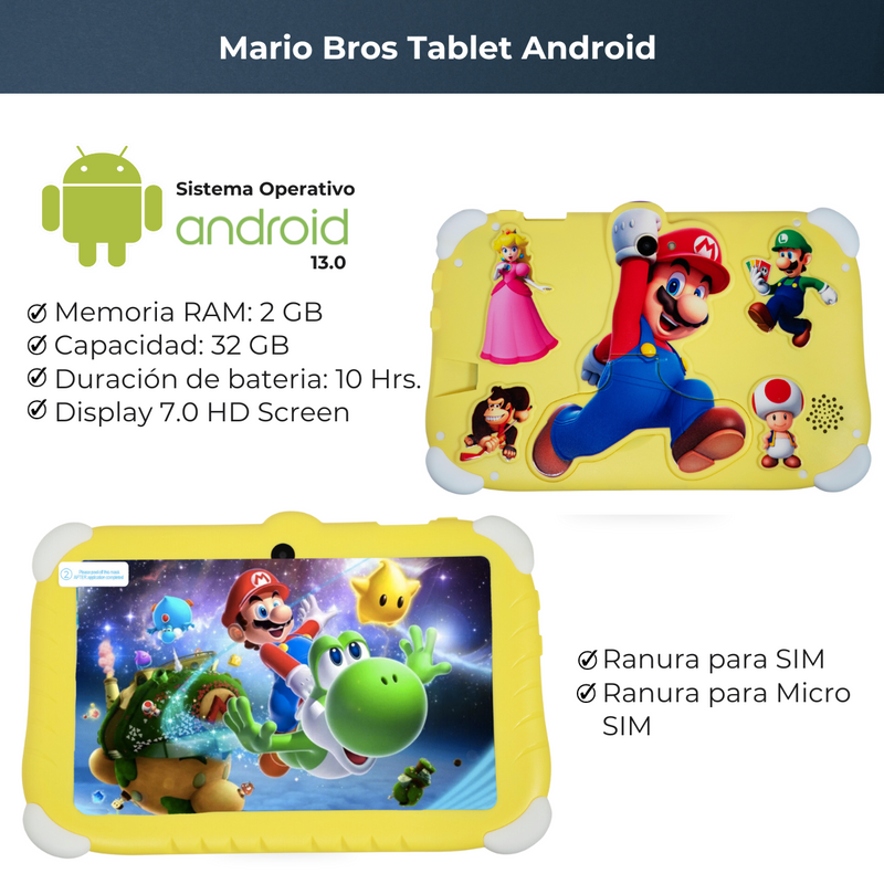 Tablet 7 Pulgadas LoQuiero Mario Bros HD Android 32 GB - 2 GB RAM Amarilla
