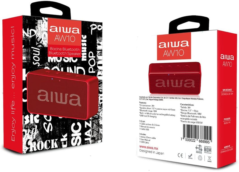 Bocina Portatil Aiwa AW10 Bluetooth USB Radio FM Recargable Rojo